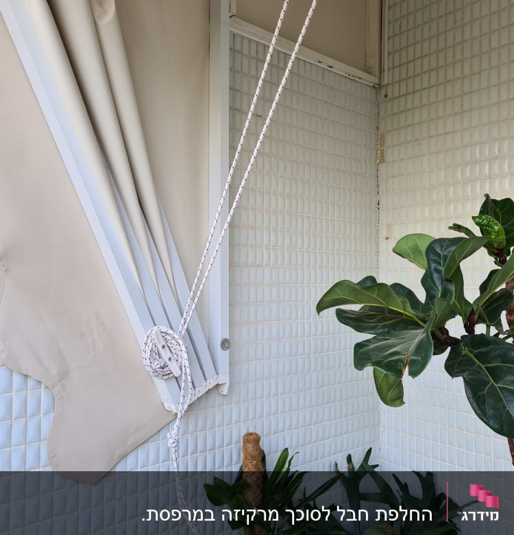 חבל קשור לאוהל מתקפל על קיר מרוצף